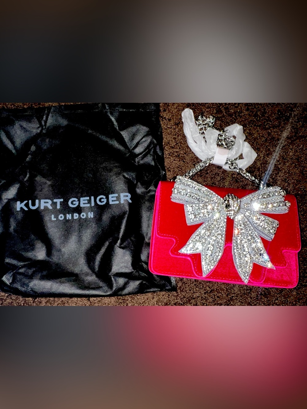 Kurt Geiger Hot Pink Velvet Crossbody with Crystal Bow Accent